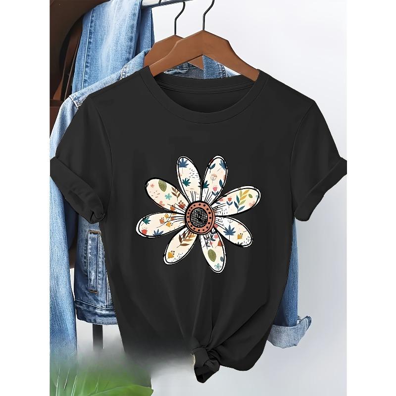 European Size Floral Print Elegant Women's Heavyweight Short Sleeve T-Shirt - Holiday & Graduation Outfit, Autumn/Winter New Arrival