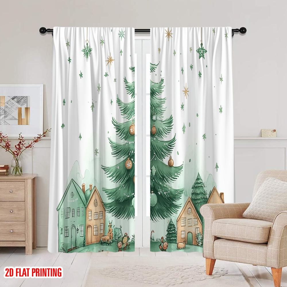 2 Stück, 2D-Flachdruckmuster Vorhänge Weihnachtsbaum Schneedorf Polyester Einfache Installation (ohne Stange) Vielseitig Alles Perfekt