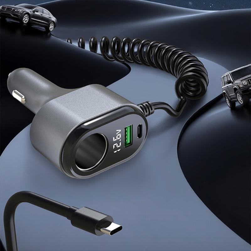 120W Intelligent Car Charger PD65w Fast Charging Adapter with Voltages Display USB A USB C Port Safety Protections