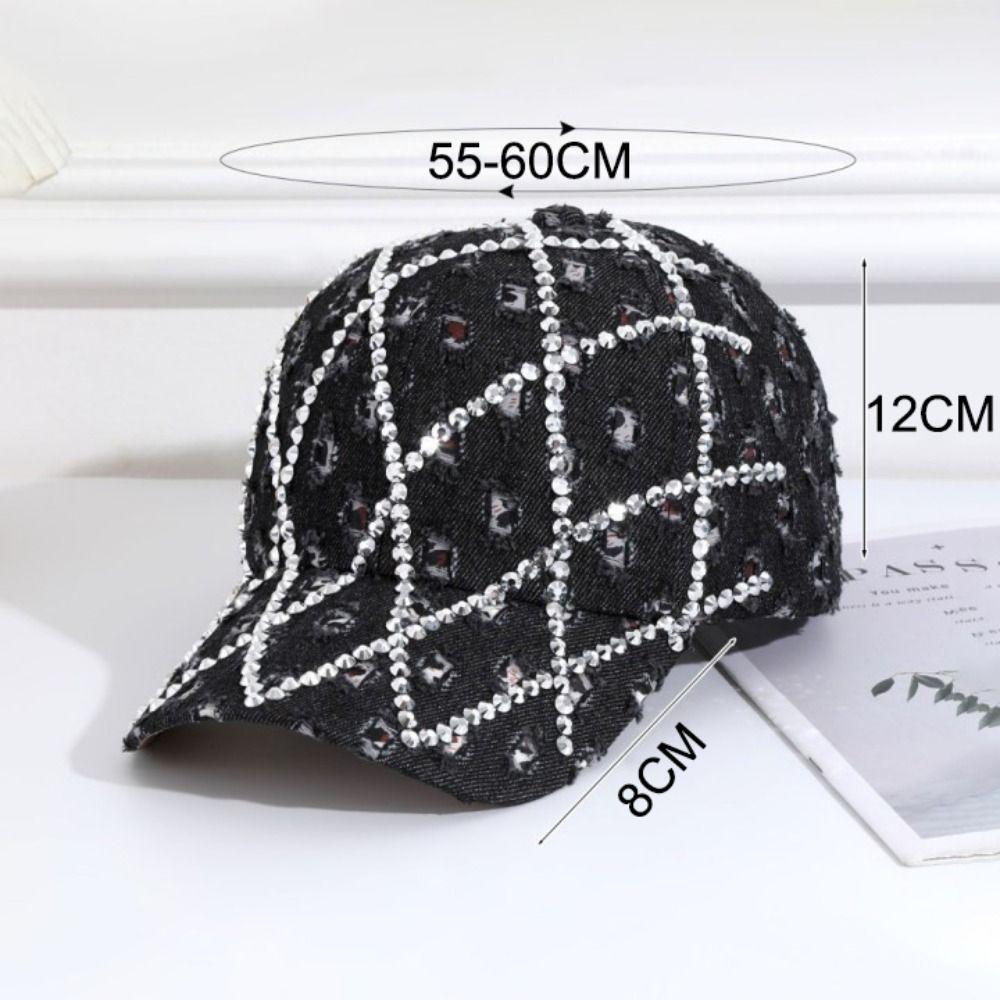 Sparkling Distressed Denim Baseball Caps Grid Sun Hats Fashion Rhinestone Baseball Cap for Women