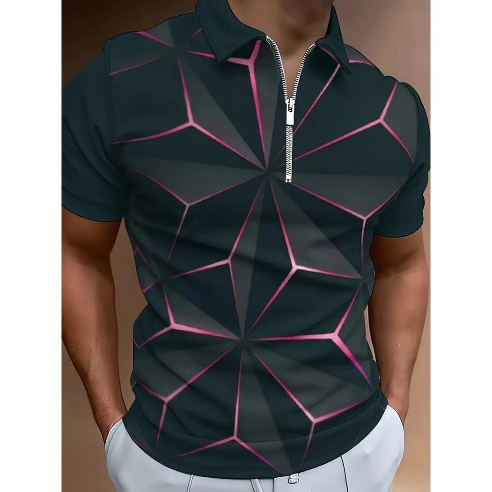 

Men s Zipper Polo Shirt, Wave Triangle Shirt, 3D Printed, Retro, Short Sleeve, Loose, Comfortable, Street, Summer, New Style 3XL