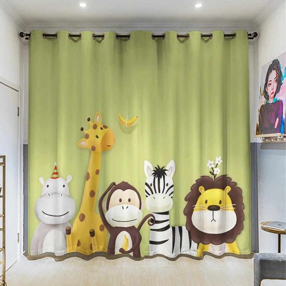 High Shading Curtains Cartoon Green Zoo Animal Children's Room Bedroom Boys Girls Blackout Thickened Hole Kindergarten New Style
