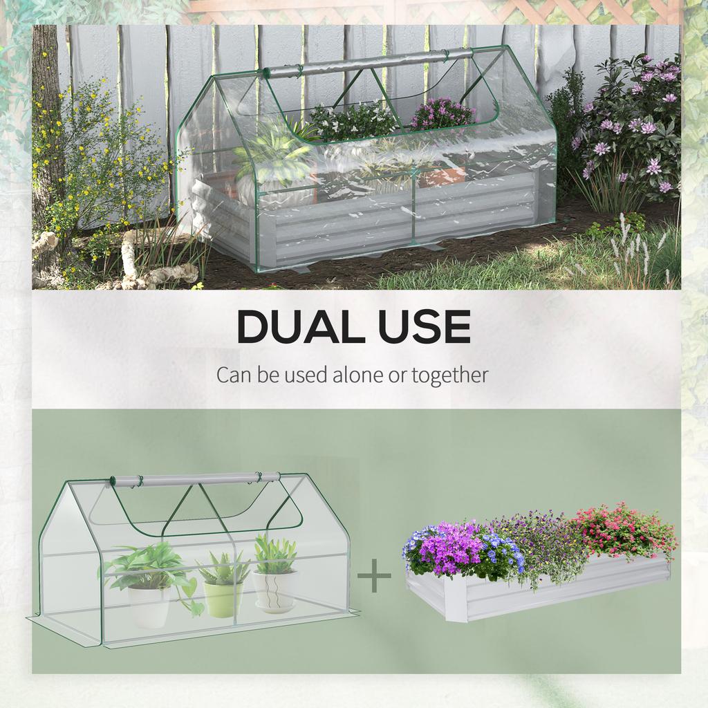 Raised Garden Bed with Greenhouse, Steel Planter Box with Plastic Cover, Roll Up Window, Dual Use for Flowers, Vegetables, Fruits and Herbs