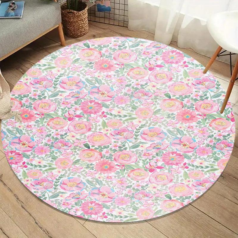 Vintage Garden Floral Round Area Rug, Watercolor Pink Flower Print Carpet, Non-Slip Bedroom Floor Mat, Cottagecore Home Decor
