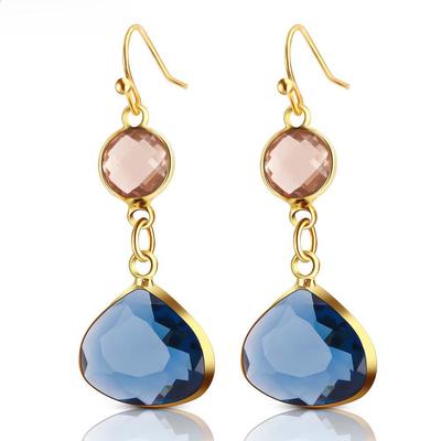 Fresh Copper Water Drop Earrings with Blue & Pink Crystals - Stylish For Women, European & American-Style Jewelry