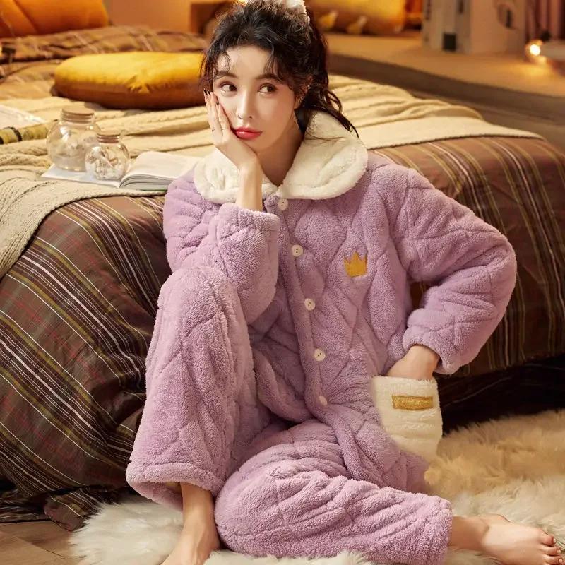 New Cute Thickened Pajamas Set Three-layer Cotton Coral Color Pajamas for Women Winter Flannel Fleece Warm Winter Home Clothes Set