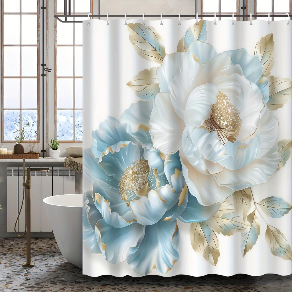 1 piece of blue and white peony floral shower curtain, polyester fabric, machine washable, suitable for bathroom decoration