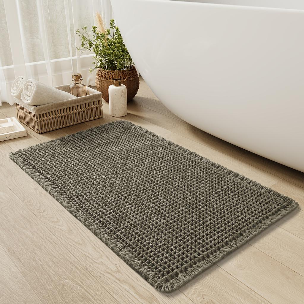 Ultra-Absorbent Waffle Bath Mat - Non-Slip, Machine Washable with Tassels, Rubber Backed Polyester Blend Rug for Bathroom Floor