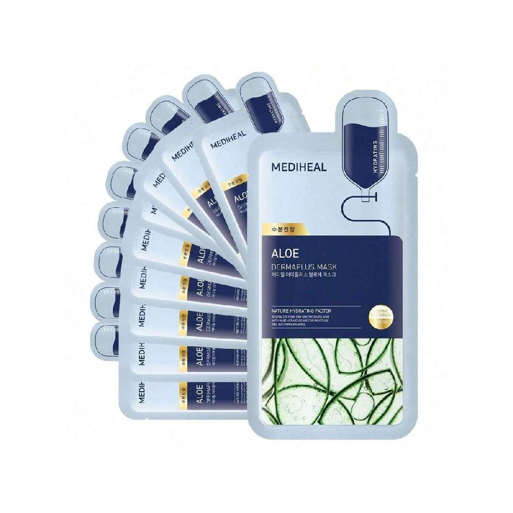 Mediheal Dermaplus Aloe Mask (10 PCS) - Daily Vegan Mask For Hydrating Skin With Panthenol & Hyaluron, Korean Self Skin Care Sheet Mask