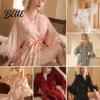 Women Satin Nightgown Feather Decor Adjustable Waist Tie V Neck Imitation Nightdress Silk Solid Color