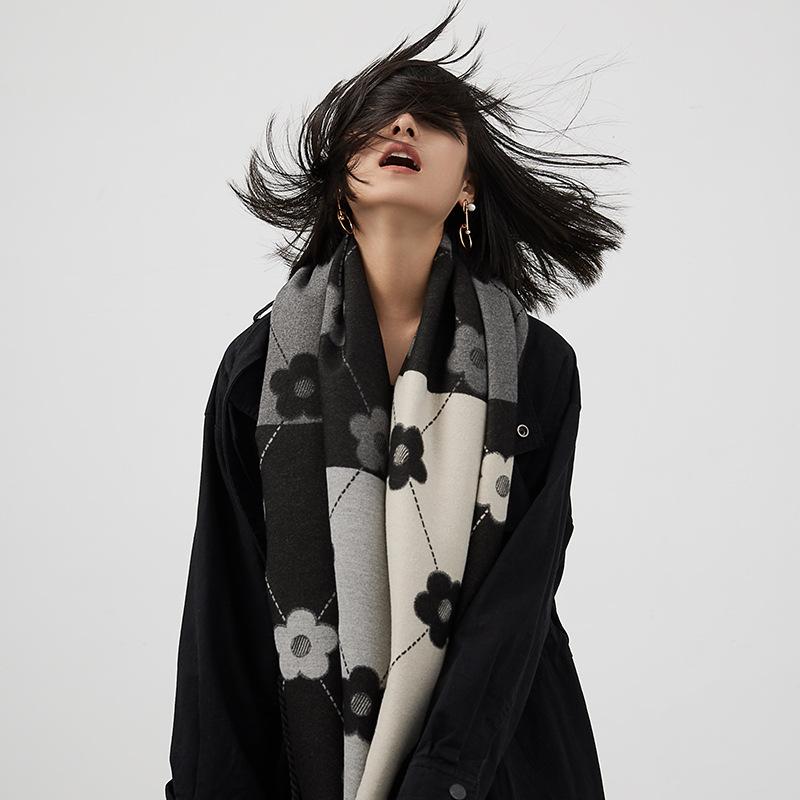 Imitation Cashmere Color Matching Lines Warm Scarf Flower Long Thickened Fringed Shawl Women'S Knitted Warm Scarf
