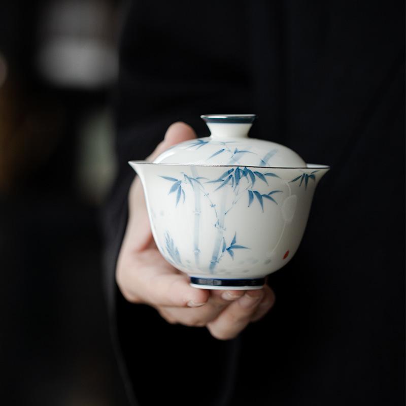 Hand-painted Blue and White Bamboo Kung Fu Tea Making Bowl Ceramic Fuling Covered Bowl-130ml  200ml