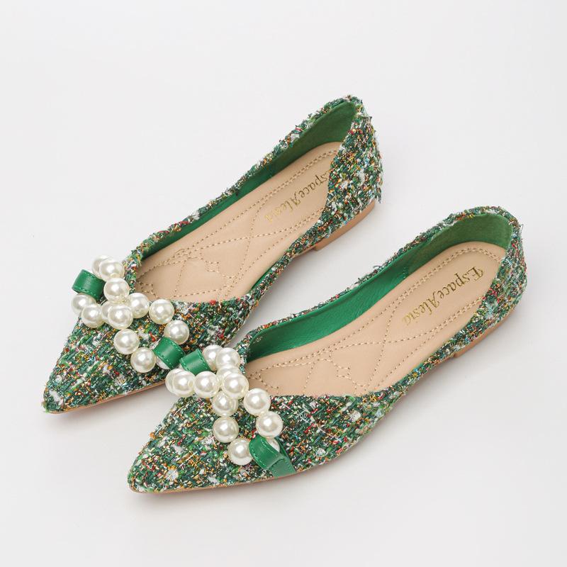 

Женские туфли-лодочки с острым носком на мягкой подошве, зеленые туфли на плоском каблуке, украшенные бисером и бантом, женские туфли-лодочки с мелким вырезом 39 зелёный