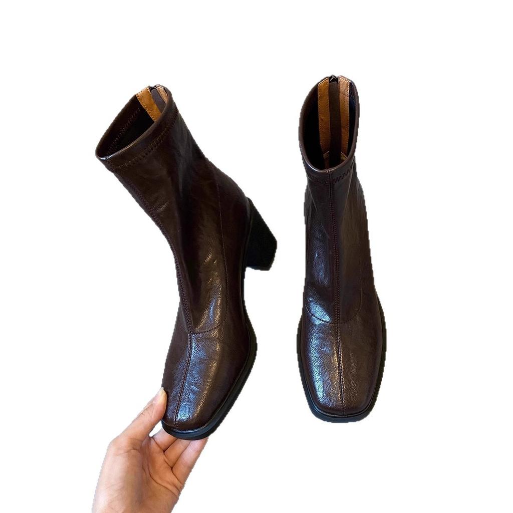 Vintage Thick-heeled Elastic Thin Boots Women's High-heeled Commuter Short Boots 2025 Autumn and Winter New Small Martin Boots