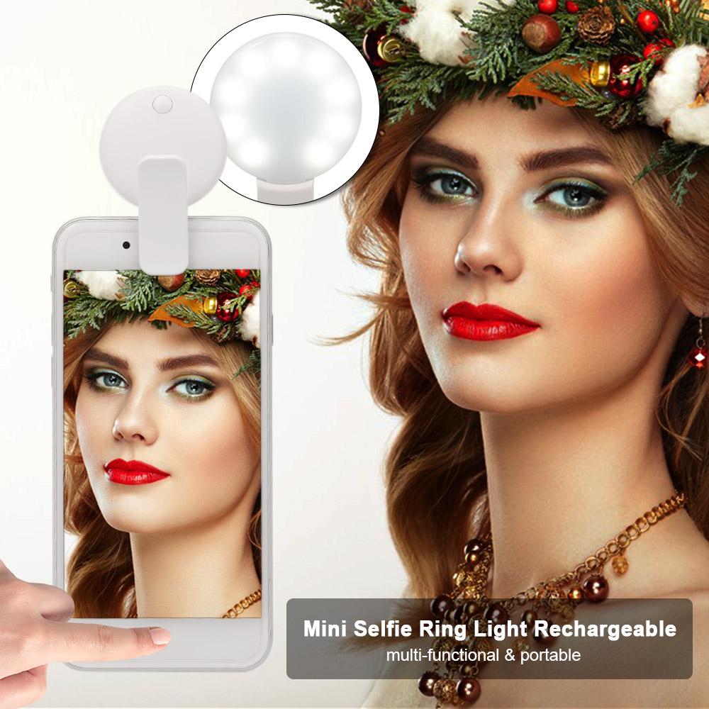 Mini Selfie Ring Light Rechargeable Selfie LED Camera Light with 3 Levels of Brightness Makeup