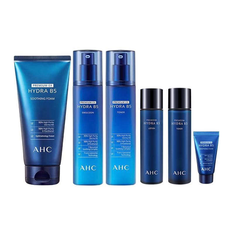 AHC Premium EX Hydra B5 Full Skincare Set, Cleansing Foam + Toner + Emulsion with Mini Travel Kits, Hydrating Soothing Repair Facial Kit