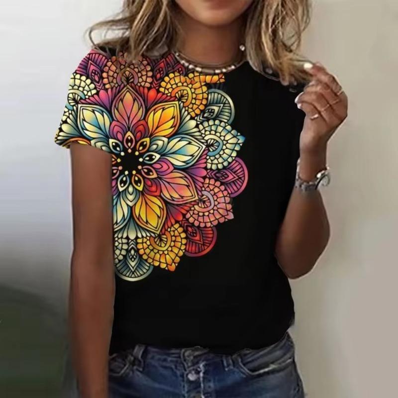 Summer Women Clothing T-shirt Crewneck Top Casual Comfort Short Sleeve Vintage 3D Print Loose Breathable Clothing Women's T-shirt