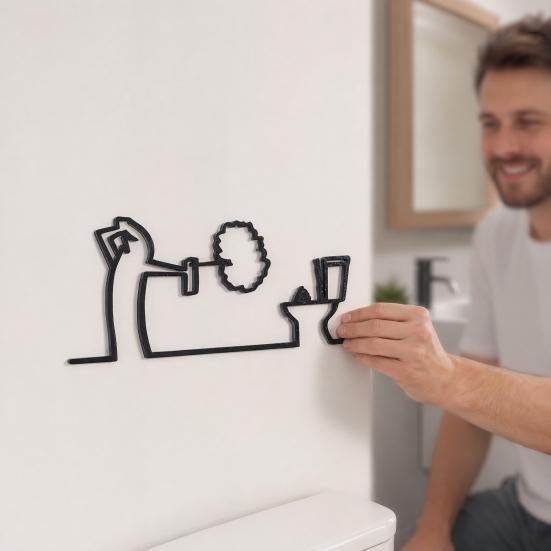 Wandkunst Lustiges Badezimmer-Schild, 3D-gedruckte minimalistische Linien-Toiletten-Wohnzimmerkunst, Schwarze moderne Heimdekoration für Waschraum, Humorvoll