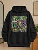 Unisex Black Hoodie Featuring Ospreay Bruv Wrestling Graphic Long-Haired Wrestler Raising One Arm, Purple Green Graffiti And Crown Symbols