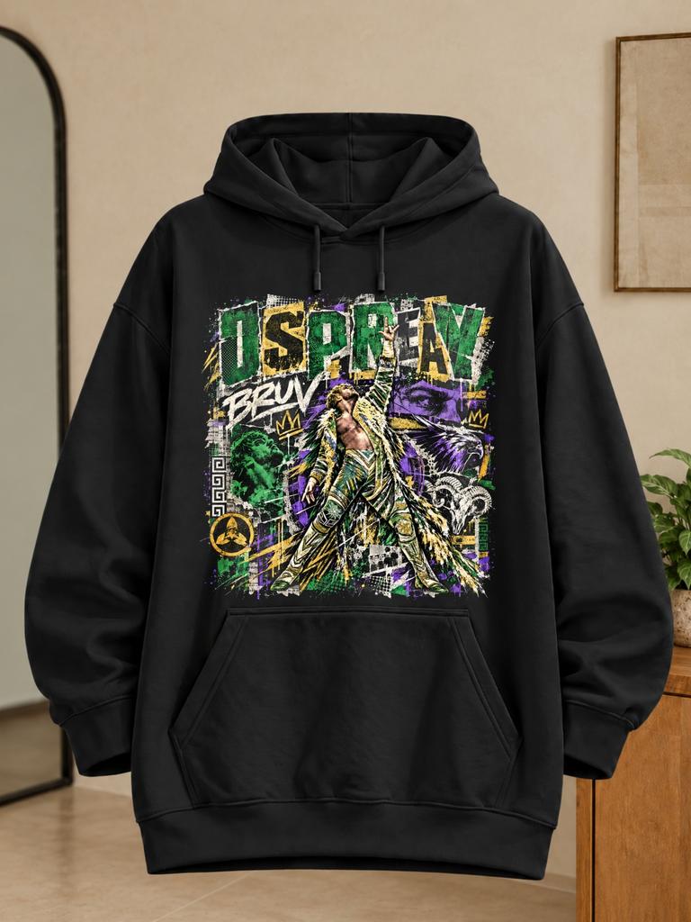 Unisex Black Hoodie Featuring Ospreay Bruv Wrestling Graphic Long-Haired Wrestler Raising One Arm, Purple Green Graffiti And Crown Symbols