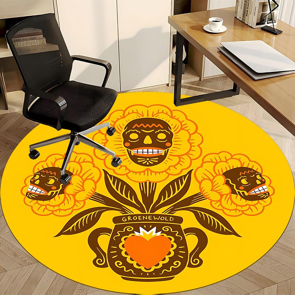 1pc Floral Skulls Office Round Area Rug, Mat Suitable For Office, Under Office Chairs Bedroom Living Room Home Decor, Room Deco