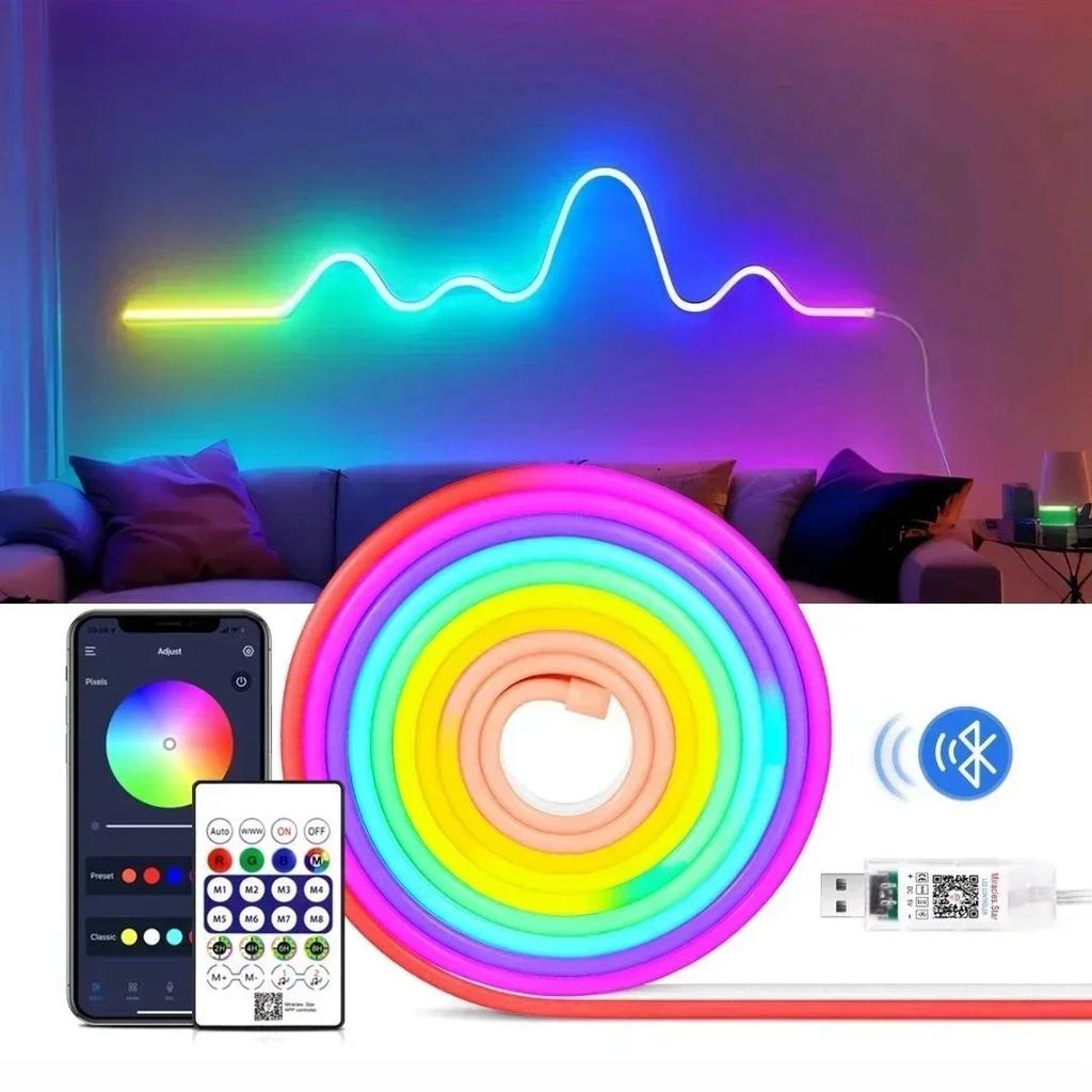 Neon LED Strip Light 1/2/3/5M Silicone Neon Rope Light Music Sync DIY APP Multicolor Chasing Strip Tape for Room Wall Decor