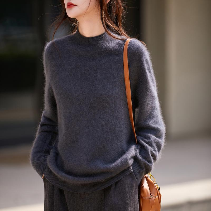 Milk Huhu Women's Solid Color Half-High Collar Wool Knit Sweater - Lazy Style, Brushed Fleece for Autumn/Winter