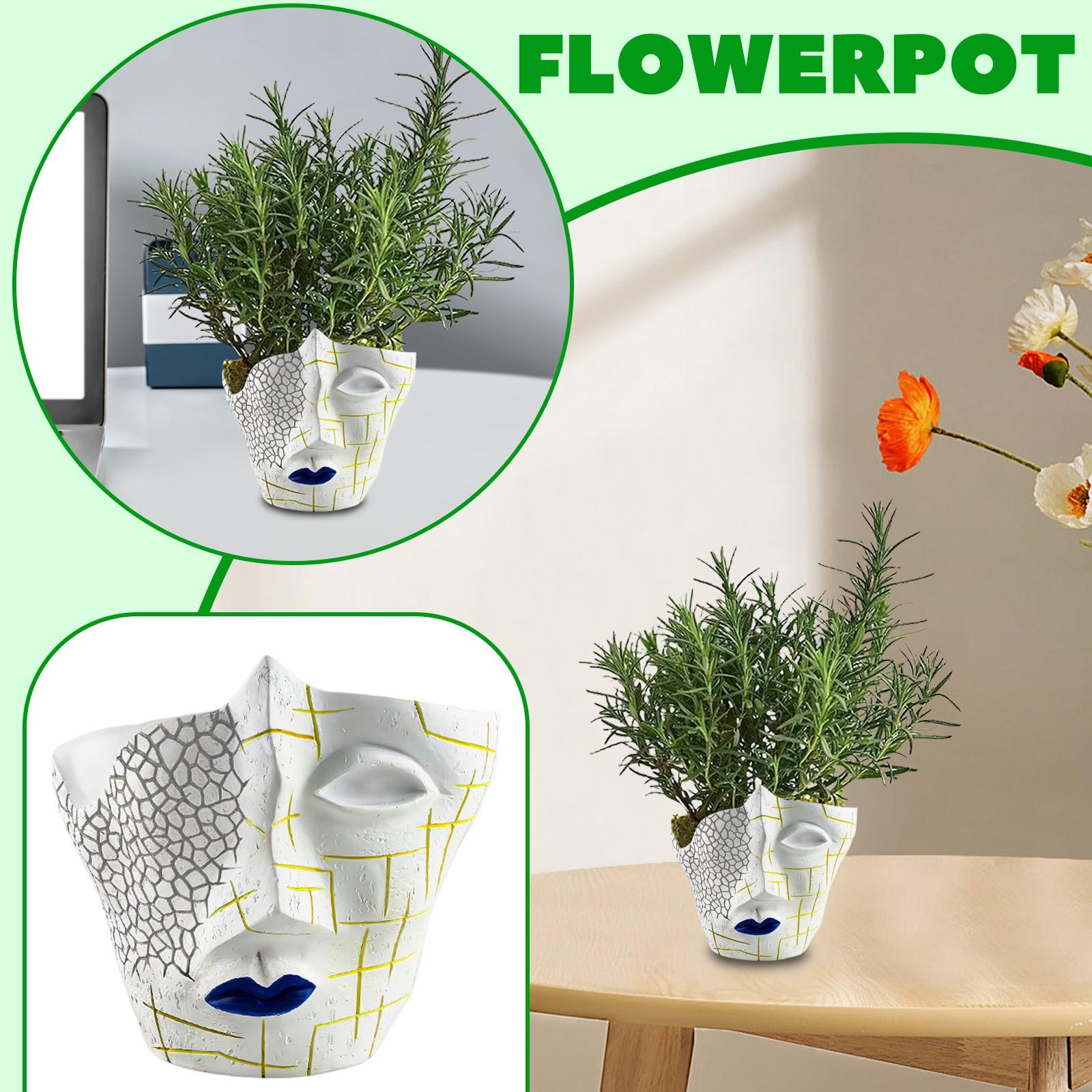 

Creative Human Face Crack Abstract Funny Flower Pot Resin Craft Plant Pot Container One Size белый
