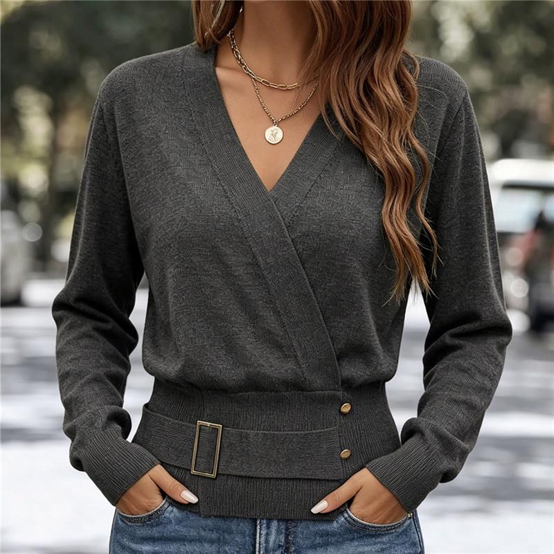 Maglione da donna a wrap con scollo a V in maglia Blu Navy Manica Lunga Vita Cinghiata Elegante Pullover da Ufficio Autunno Inverno Caldo Top in Maglia