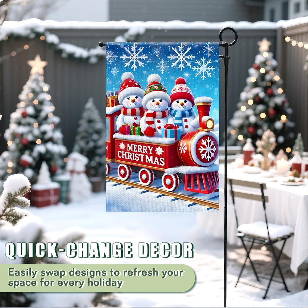 Christmas snowman trainGarden Flag 12x18 Inch Double Sided for Courtyard Outdoor Welcome Flag Decoration (Excluding flagpole)