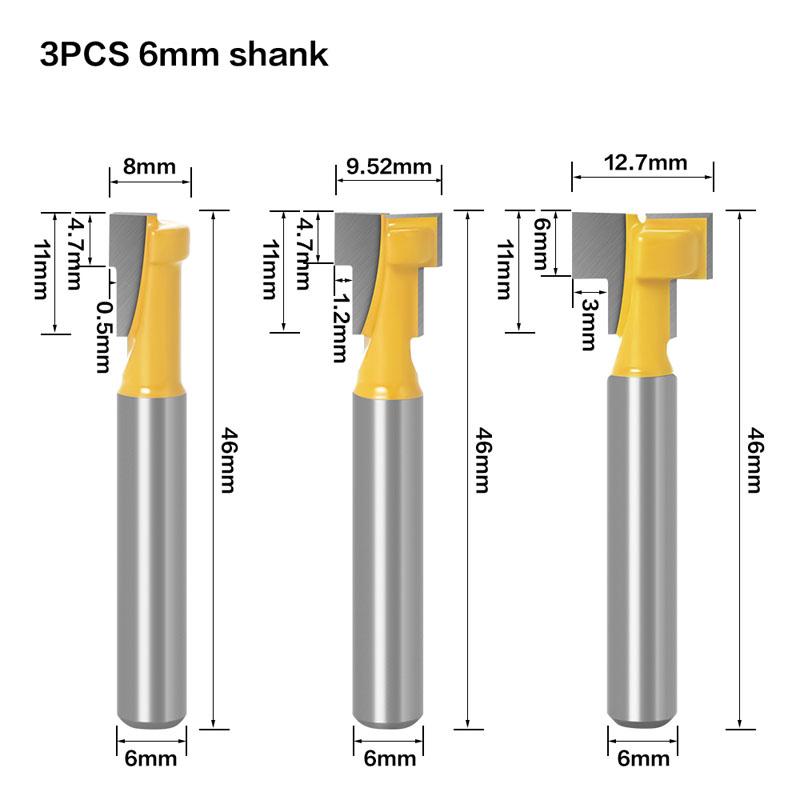 3pcs T-Track Slotting & T-Slot Keyhole Cutter Wood Router Bit Steel Handle 3/8'' & 1/2'' Length Cutter For Wood - 6mm/6.35mm/8mm/12mm/12.7mm Shank