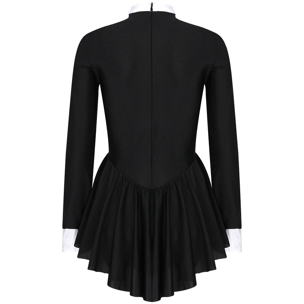 Women's Sexy Waitress Role Play Costume S-XXL: Contrast Color Tuxedo Style Dress with Bowknot Buttons & Long Ruffle Sleeves