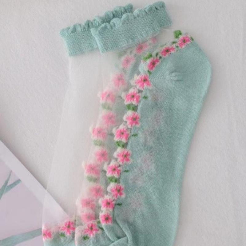 Summer Short Socks Made of Floral Glass Fiber for Women, Cute Ins Short Socks with Cotton Soles, Sweat-absorbing and Breathable Socks