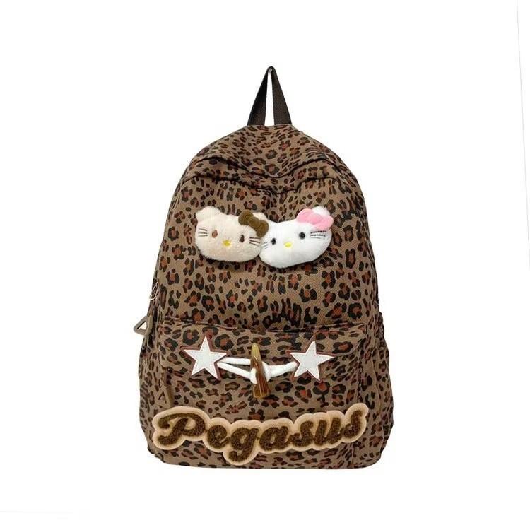 

Hello Kitty Leopard Print 3d Nylon Backpack With Cushion Straps For Students And Casual Use