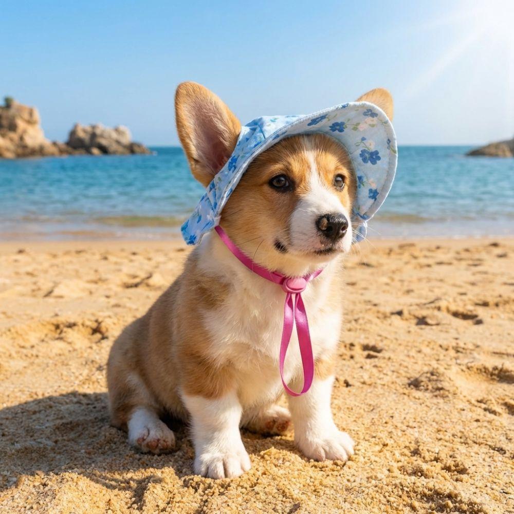 Floral Pattern Pet Sun Hat Adjustable UV Protection Adorable Pet Hat With Ear Holes Breathable Cat Sun Protection Hat