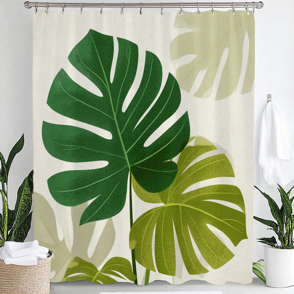 Green Leaves Monstera Plants Printed Shower Curtain Bathroom Curtain,Hanging Curtain With 12 Hooks Decoration Machine Washable