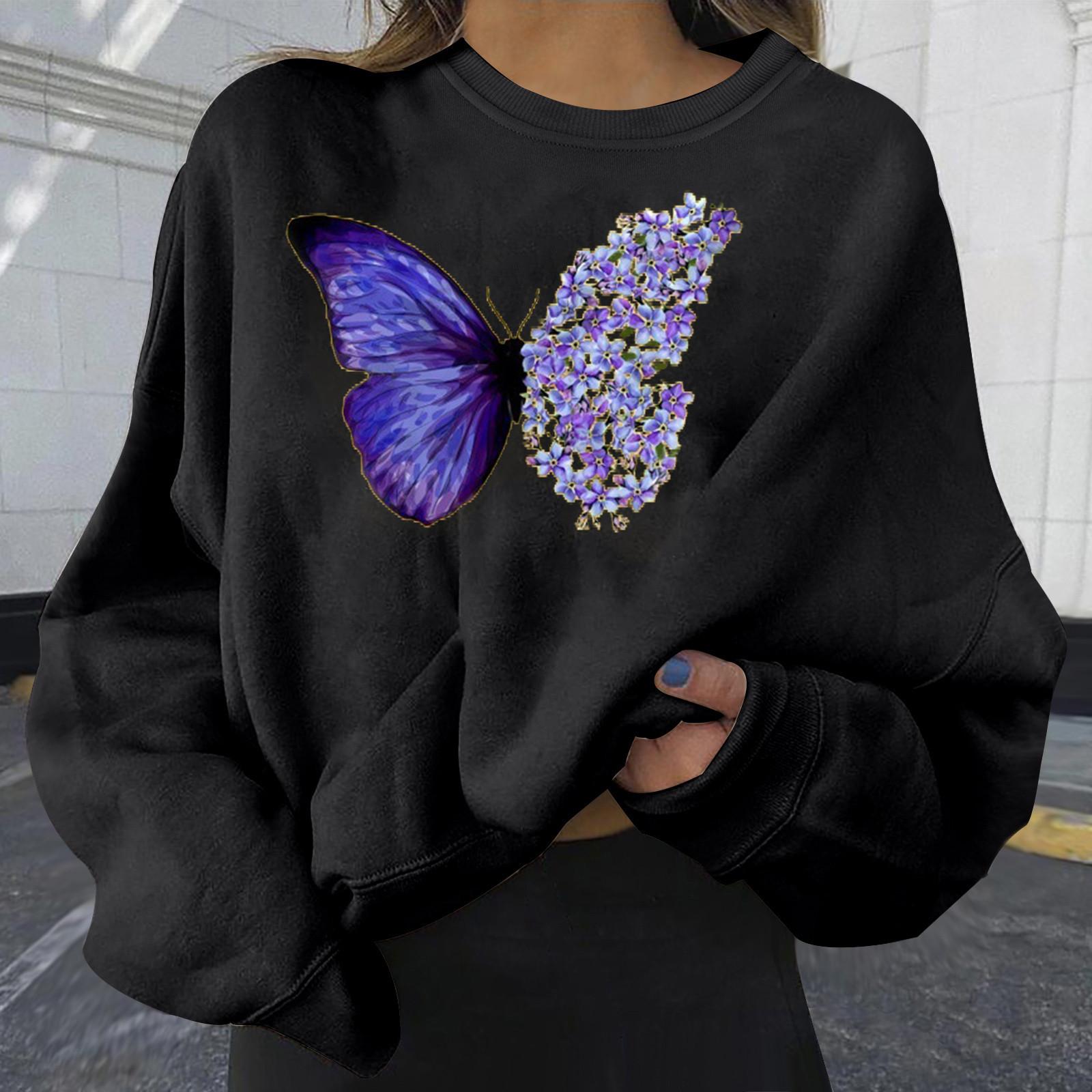 

Модные женские повседневные женские толстовки с длинным рукавом и принтом бабочки, топы M чёрный
