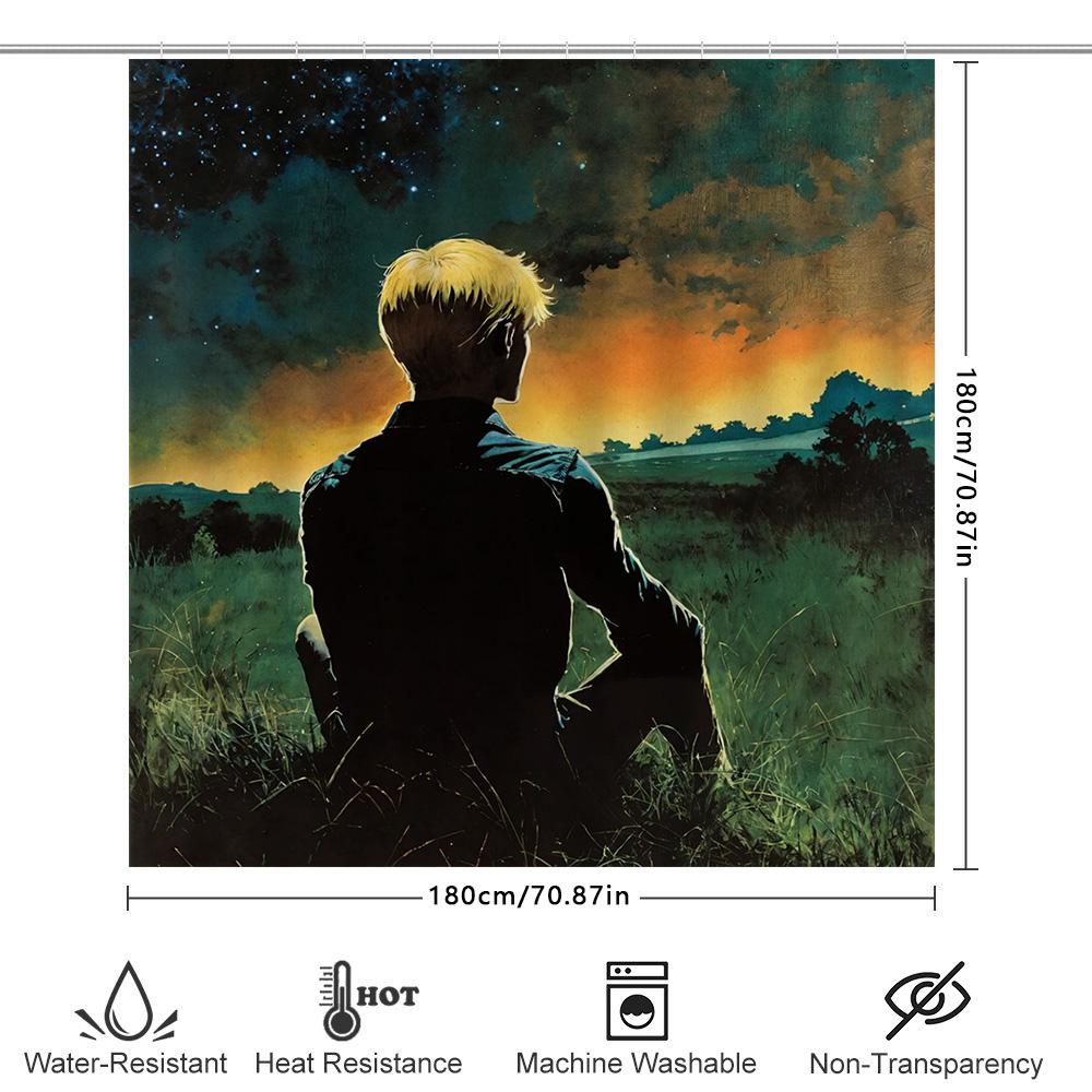 Modern Bathroom Shower Curtain Featuring A Starry Sky Landscape With A Young Man Sitting In Nature High-Quality Printing Perfect