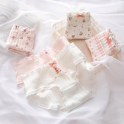 Bow Lace Border Floral Underwear for Women Pure Cotton Waist Bag Buttocks Girls Triangle Pants    6 Random Colors