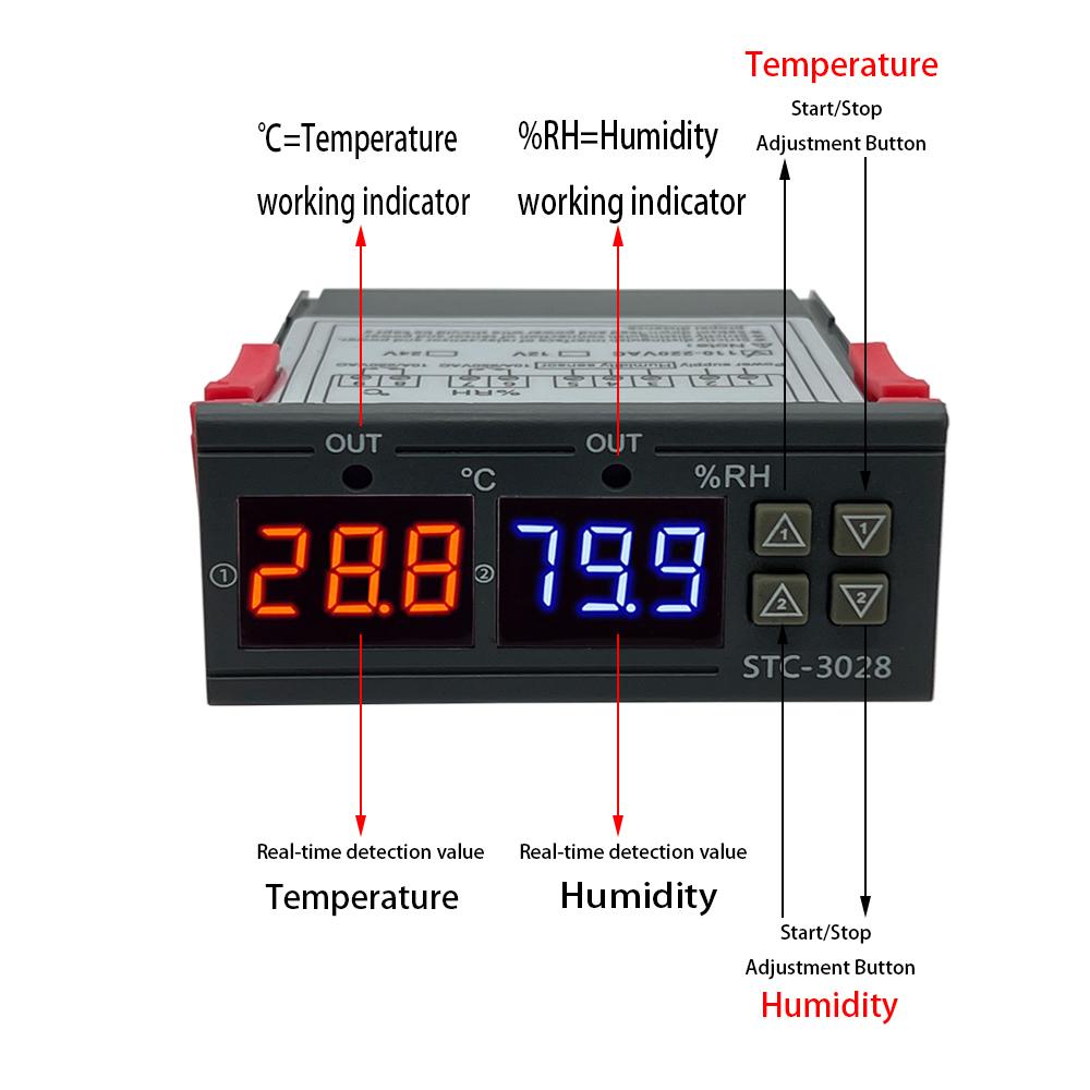 Dual Digital Thermostat Temperature Humidity Control STC-3028 Thermometer Hygrometer Incubator Controller AC 220V DC 12V 24V