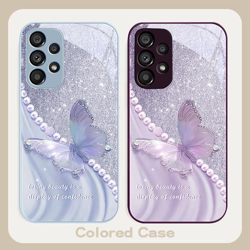 Pearl Butterfly Gradient For Samsung Galaxy S23 24 Plus S20 21 FE S25 Ultra A70 72 73 51 52 53 Tempered Glass Phone Case