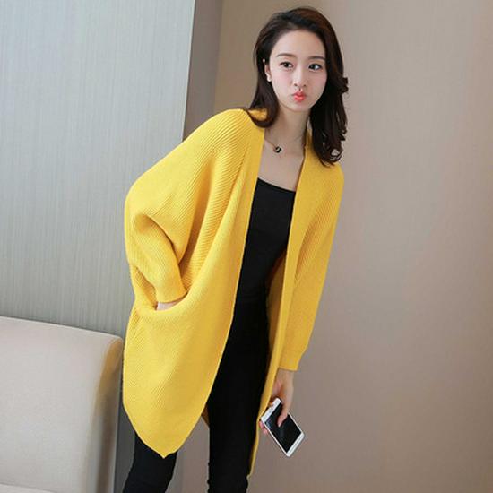 Women's Mid-Length Batwing Sleeve Knit Cardigan Shawl - Loose Fit, Plus Size, Korean Style for Autumn/Winter 2023