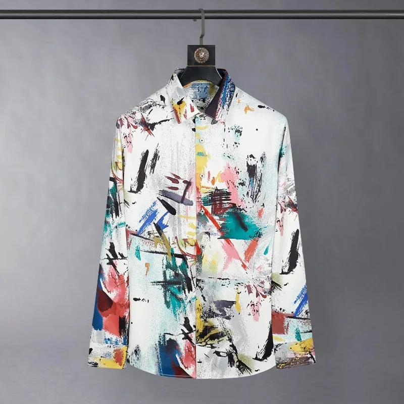 

2025 Silk Shirt Men Fashion Graffiti Print Long Sleeve Casual Shirts Slim Social Streetwear Non Ironing Nightclub Stage Shirt 3XL