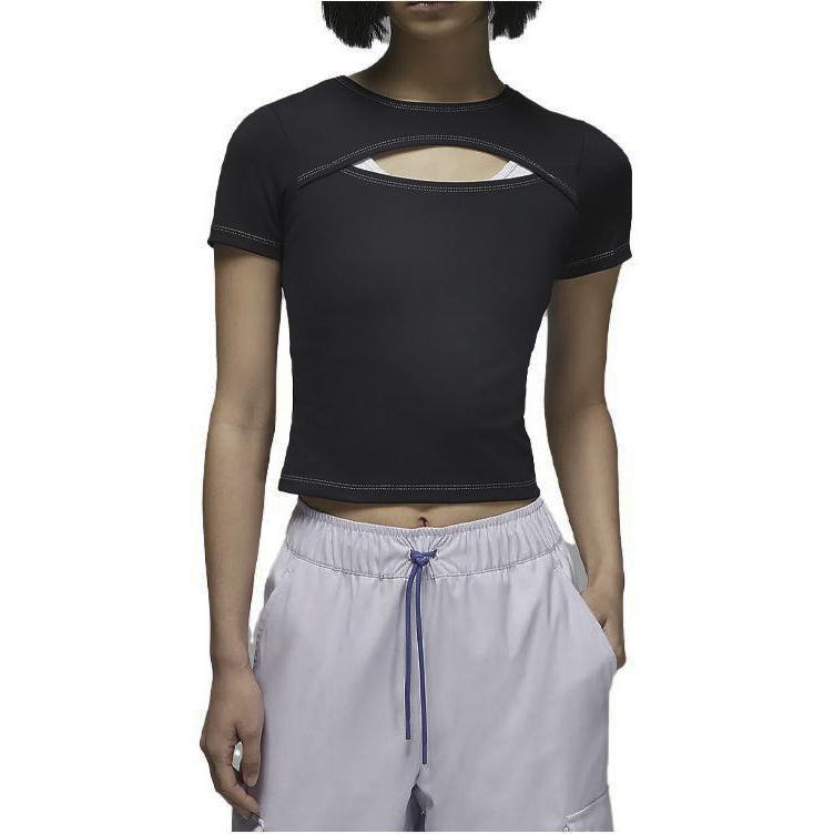 Jordan Solid Color Hollow Round Neck Short Sleeve T-Shirt Women Tops Black DX0465-010