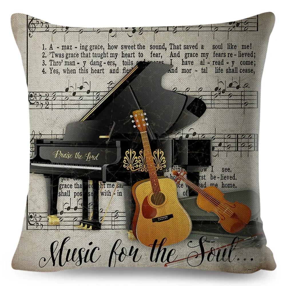 Nordic Style Music Note Pillowcase Decor Vintage Guitar Mike Printed Pillow Case for Home Sofa Polyester Cushion Cover 45x45cm