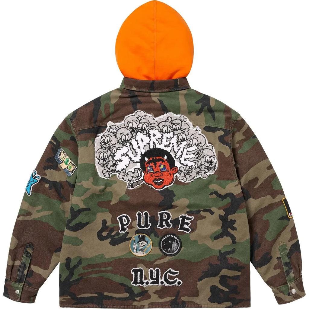 Supreme Patches Hooded Zip Up Shirt Woodland Camo