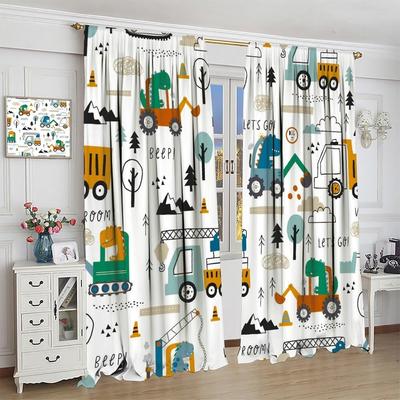 Dinosaur Construction Curtains For Boys,Cartoon Forest Architectural Site Dinosaur Excavator Tractor Truck Window Drapes Print