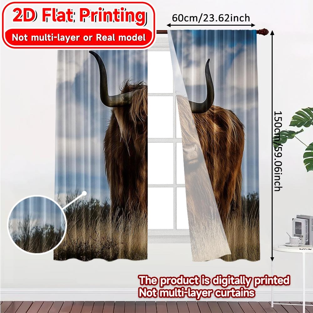 2pcs   2D FLAT PRINTING Curtains (Without Rod) Highland Beast Christmas Festival Popular Curtains&Drapes Semi-Sheer Curtains Art