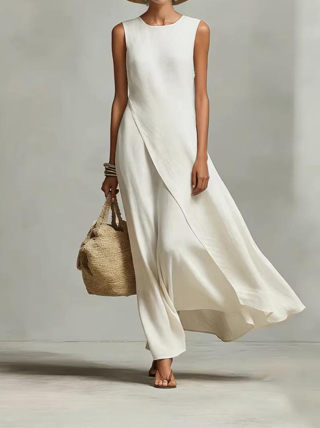 Spot 2026 new spring and summer women s dress sleeveless asymmetrical hem cotton and linen blend dress XS