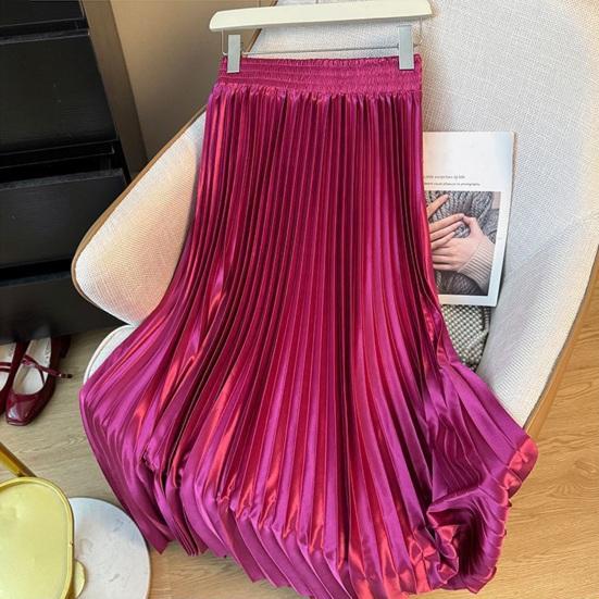 Maxi Skirt High Waist Glossy Long Skirt Solid Color Pleated Design Large Hem Dance Skirt Work Leisure Daily Wear